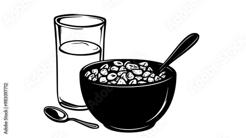 Bowl of cold cereals with milk and a spoon beside it, food illustration vector