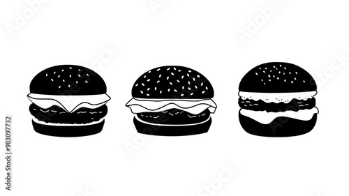 Chicken burger with fillings, arranged horizontally on a flat surface, food illustration vector