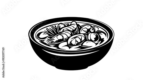 Chowder soup in a shallow dish with seafood, potatoes, and vegetables, food vector illustration
