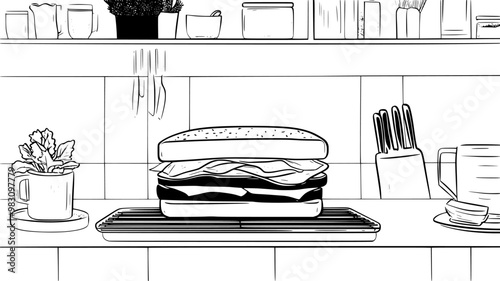 Classic deli sandwich on a wire cooling rack over a kitchen countertop, food illustration vector