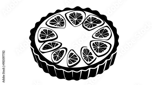 Circular tart with custard filling, topped with evenly spaced fruit slices in rows, food vector graphic