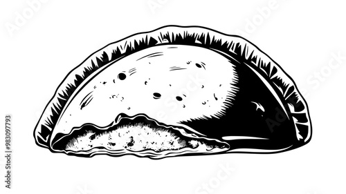 Close-up of a cheese empanada with a small piece of filling exposed, food illustration vector