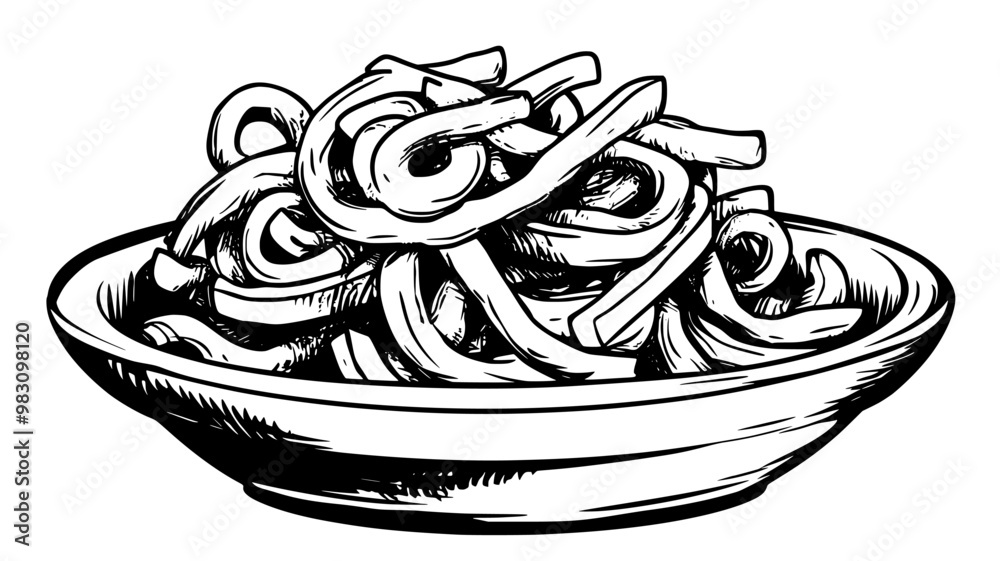 Fototapeta premium Close-up of curly fries stacked on ceramic plate, food illustration vector