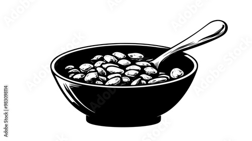 Close-up of cereal pieces inside a bowl with a spoon resting on the edge, food illustration vector