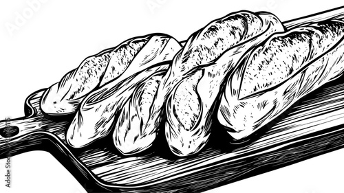 Close-up of baguette slices neatly arranged on wooden cutting board, food illustration vector