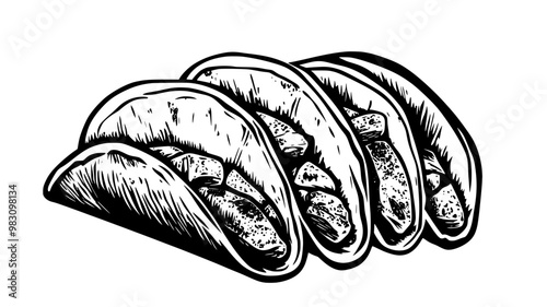 Close-up of fish tacos with visible fillings and tortillas slightly open, food illustration vector