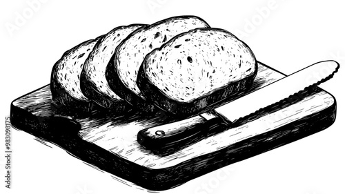 Close-up of sourdough slices on a cutting board with a bread knife, food illustration vector