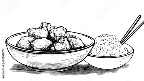 Close-up of sweet and sour chicken with steamed rice in background, food vector illustration