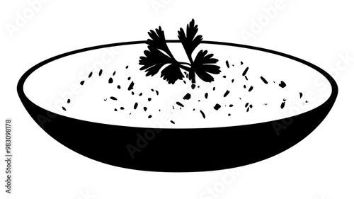 Close-up of risotto with visible grains, garnished with fresh herbs, on a plain plate, food vector graphic