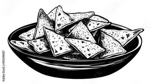 Close-up view of tortilla chips in a flat ceramic dish with visible surface details, food vector illustration