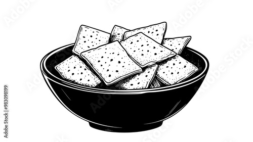 Close-up of rice crackers in a deep bowl with visible surface details, food illustration vector