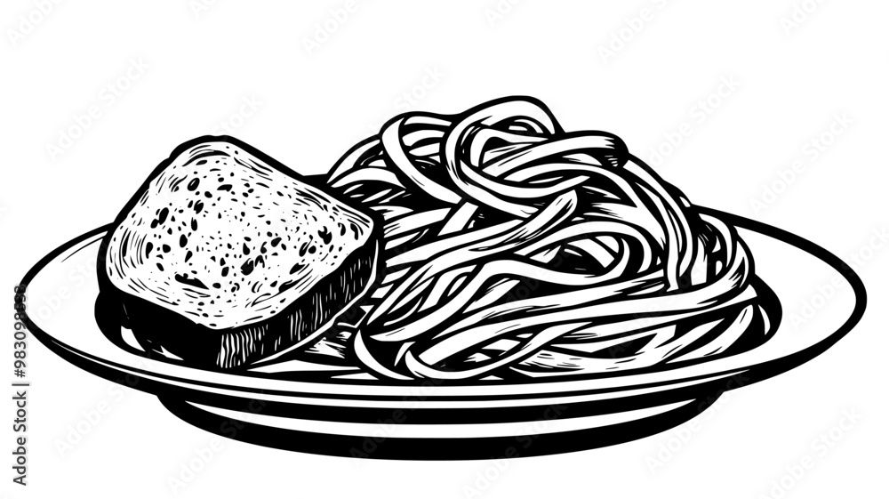 Fettuccine noodles in Alfredo sauce served with garlic bread, food vector illustration Fettuccine noodles in Alfredo sauce served with garlic bread, food vector illustration