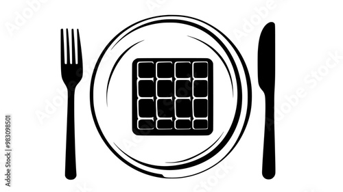 Dining table setup with a square Belgian waffle on a plate, food vector graphic