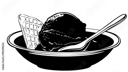 Dish of gelato with a single scoop, served with a thin wafer on the side, food vector graphic