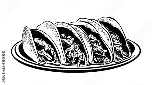 Fish tacos arranged on a platter with toppings ready for garnishing, food illustration vector