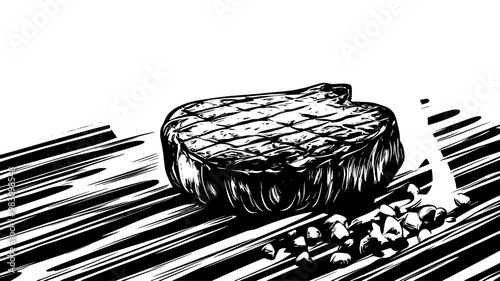 Filet mignon resting on a grill with coals glowing underneath, food illustration vector