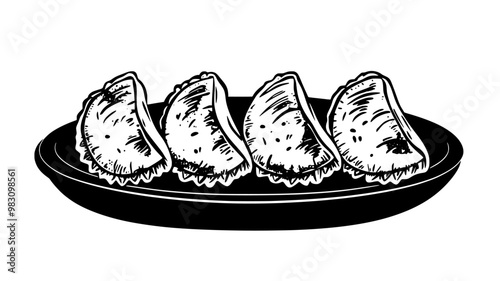 Four chicken empanadas neatly arranged on a serving tray, food vector graphic