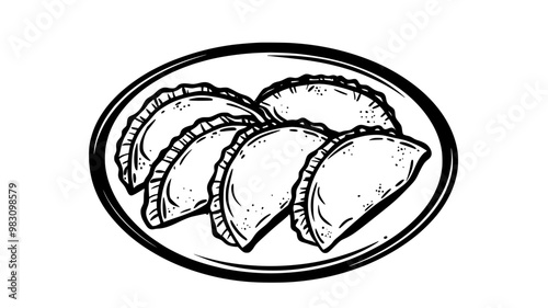 Four vegetarian empanadas arranged in a circle on a plate, food illustration vector