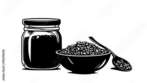 Glass jar of muesli beside a bowl with muesli and a spoon, food vector graphic