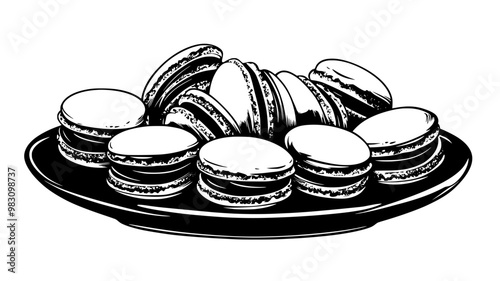 Group of macarons neatly arranged on a flat serving dish, food illustration vector