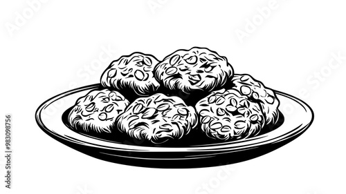Group of oatmeal cookies neatly arranged on a flat serving dish, food illustration vector