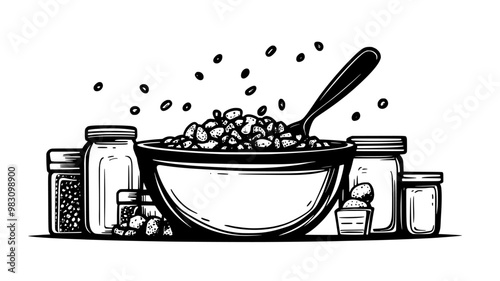 Hot cereal bowl surrounded by jars of toppings and spoon, food vector illustration