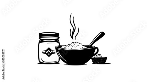 Steaming hot cereal beside a jar of sweeteners and spoon, food illustration vector