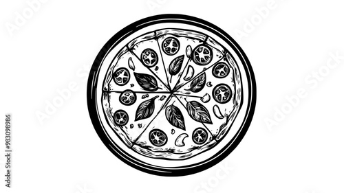 Margherita pizza on a baking tray with neatly arranged toppings, food vector illustration