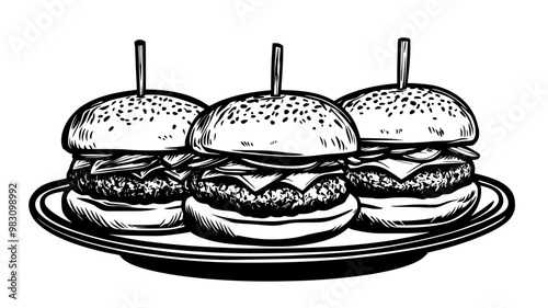 Mini burgers with beef patties, cheese, and pickles on small buns, side by side on a plate, food illustration vector