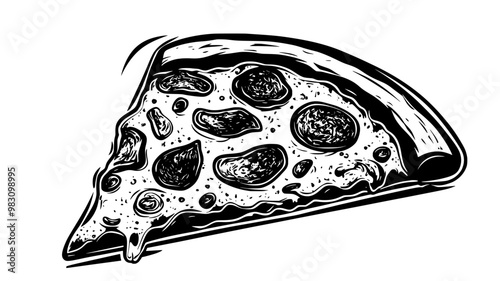 Meat lovers pizza slice with various meats on a flat surface, food illustration vector