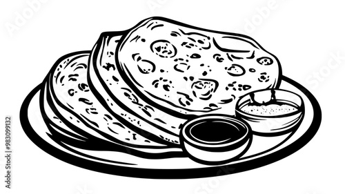 Naan placed on a plate with dipping sauces and garnish, food vector illustration