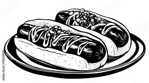 Pair of gourmet hot dogs with specialty toppings on a plate, food vector graphic