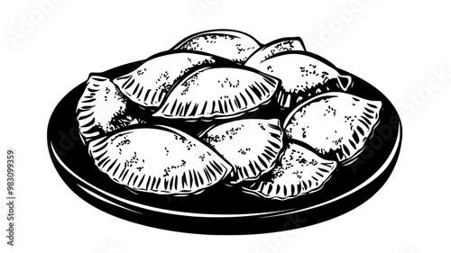 Pile of cheese empanadas on a round serving tray, ready to serve, food illustration vector