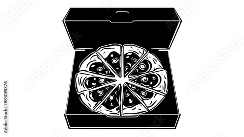 Pizza box with a whole pizza, slices evenly arranged, food illustration vector