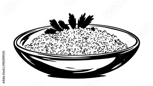 Pilaf in a shallow, round ceramic dish with visible grains and garnish, food vector graphic