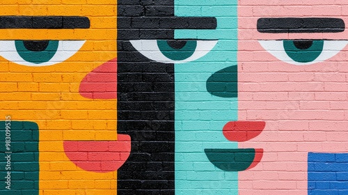 Colorful mural featuring abstract human faces on a brick wall. photo