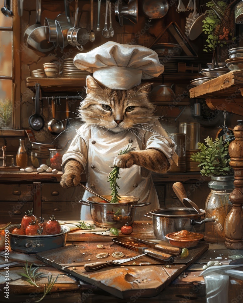 A cat chef in a rustic kitchen prepares a meal, adding fresh herbs to a pot. He looks intently at his work, focused on creating a delicious dish. A cat chef in a rustic kitchen prepares a meal, adding fresh herbs to a pot. He looks intently at his work, focused on creating a delicious dish.