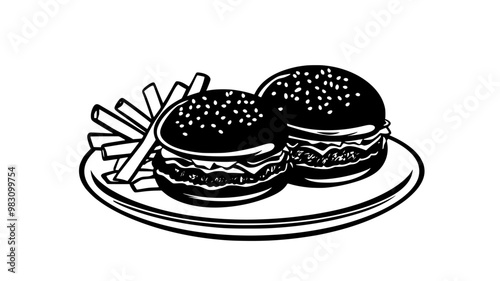Two burgers and fries neatly arranged on a plate, food illustration vector