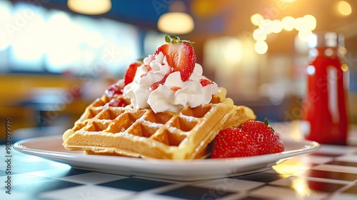 Delicious waffle topped with fresh strawberries and whipped cream on a plate. photo