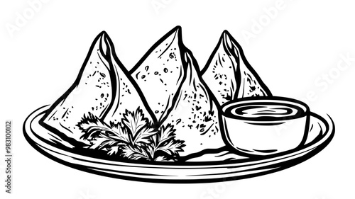 Samosas on a platter with sauces and herbs, food vector graphic