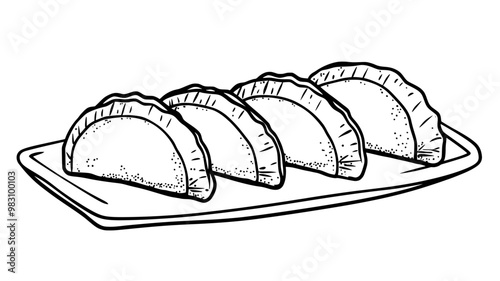 Row of vegetarian empanadas on a white serving tray, food illustration vector
