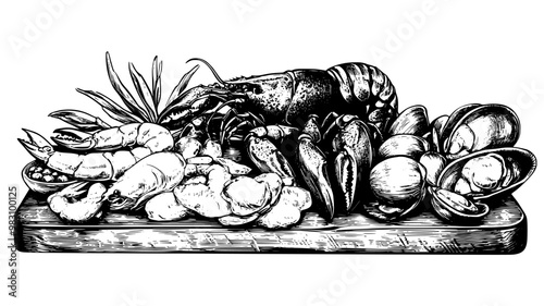 Seafood platter with grilled lobster, shrimp, and clams on a wooden board, food illustration vector