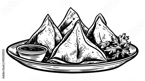Samosas on a serving dish with dipping sauces and garnish, food illustration vector