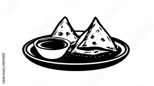 Samosas served on a plate with chutney dipping sauce, food vector illustration