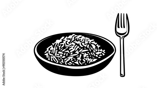 Pilaf in a wide, shallow dish with a plain utensil beside the plate, food illustration vector