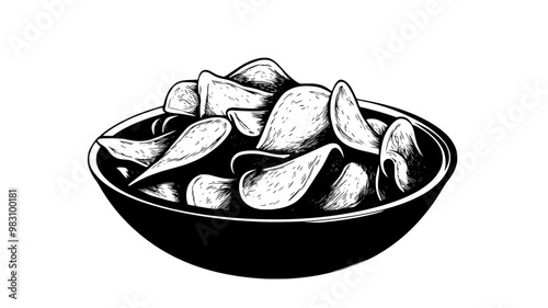 Serving of potato chips in a flat, wide-rimmed plate, with visible surface details, food vector illustration