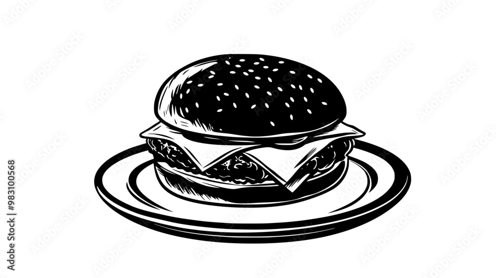Single cheeseburger on a round plate, ready to be served, food illustration vector Single cheeseburger on a round plate, ready to be served, food illustration vector