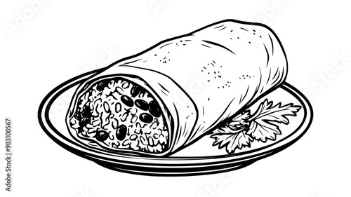 Single burrito fully wrapped, resting on a plate, with rice and beans inside, food vector illustration