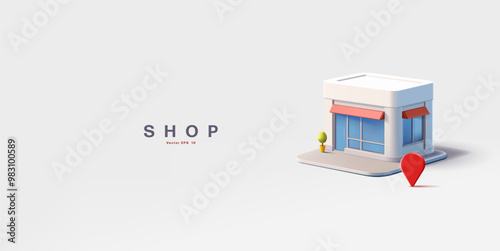 White modern shop building, location icon, 3D. A realistic city store for services. Light banner for web design. Vector