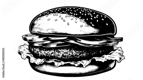 Beef patty on a bun with lettuce, tomato, onions, and pickles, food illustration vector